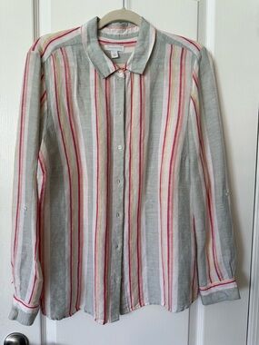 Charter Club Linen Blend Striped Button Up Shirt Womens Large Roll Tab